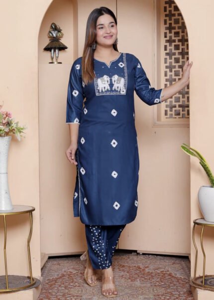 Rayon Navy Blue Bandhani Elephant Embroidered Kurta Set